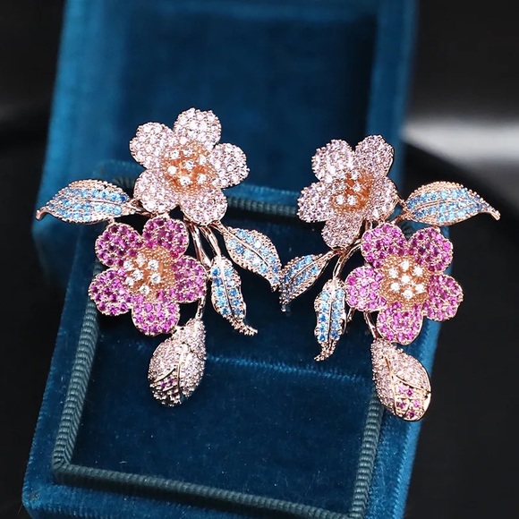 Jewelry - Rose Gold Pink Blue Floral Zircon Statement Earrings